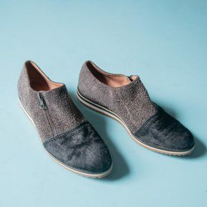 LIKE NEW Anthropologie All Black Gray Black Fur Cap Pony Hair Zipper Flat Sz 39